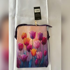 Colorful tulip design on a handbag.