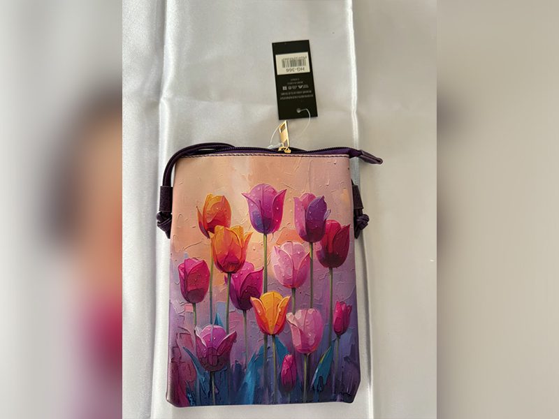 Colorful tulip design on a handbag.