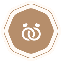 Interlocked rings on a brown hexagon.